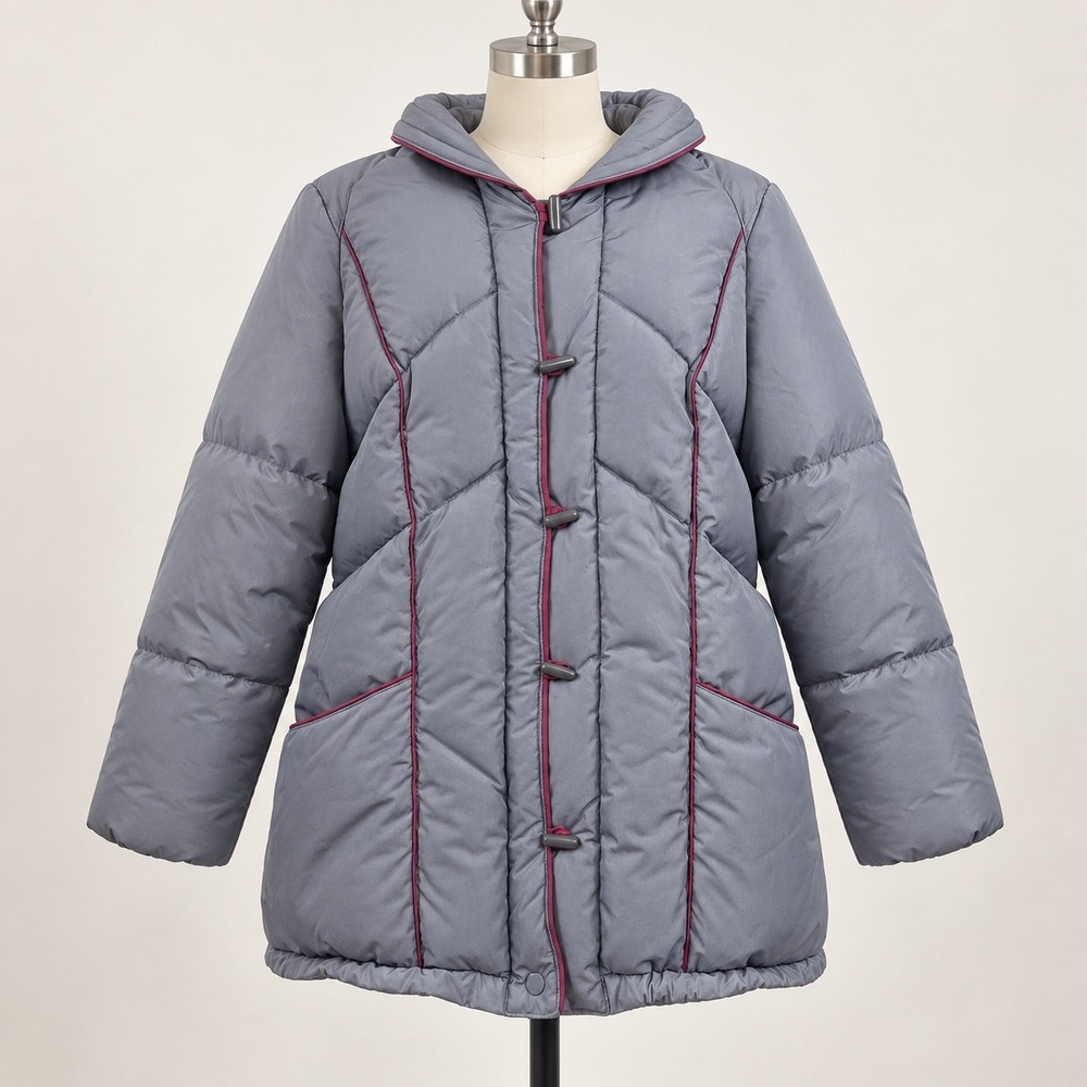 Vtg 80s Sears Carriage Court Down Puffer Jacket Gray Maroon Trim Women M 21"